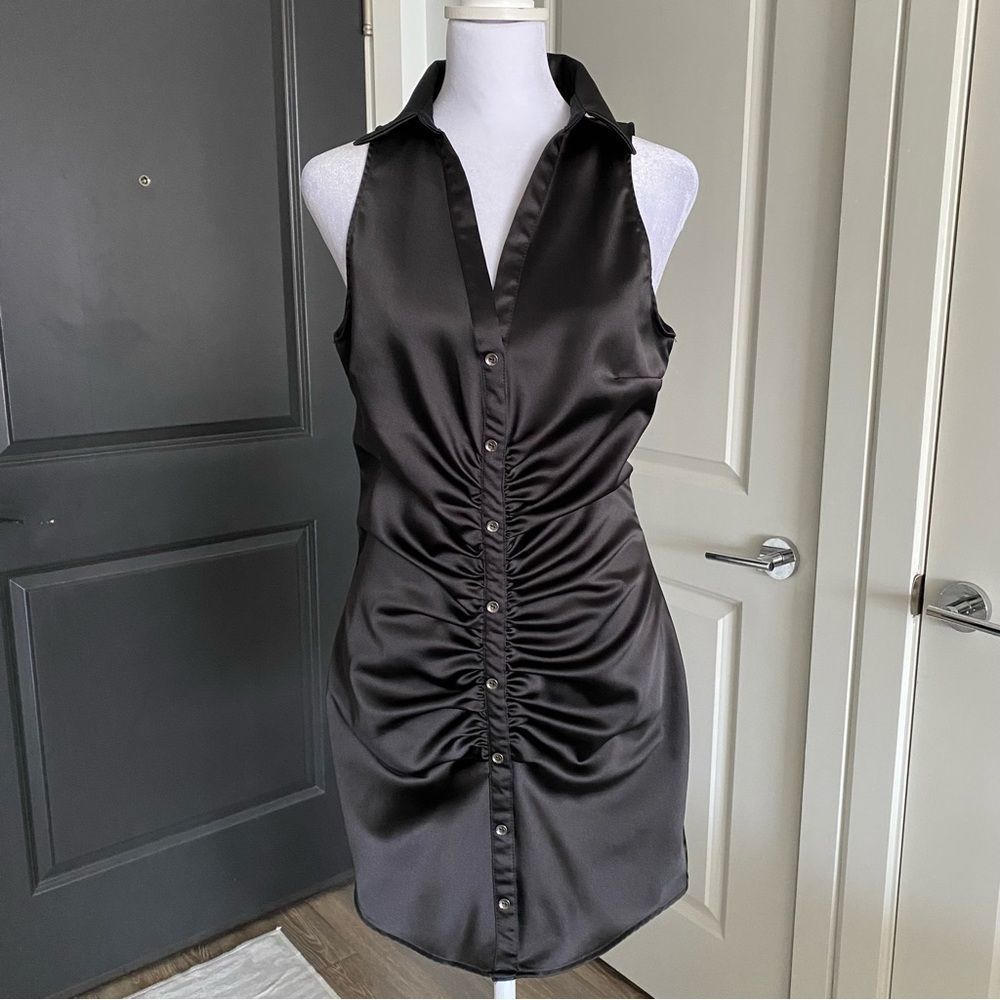 Zara Black Satin Stretch Bodycon Collared Mini Shirt Dress Size M